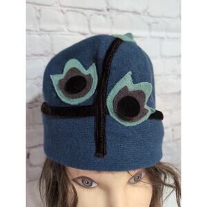 Women’s Asian Eye 100% Wool Blue Hat Felted Wool Velvet Trim Floral Applique Art